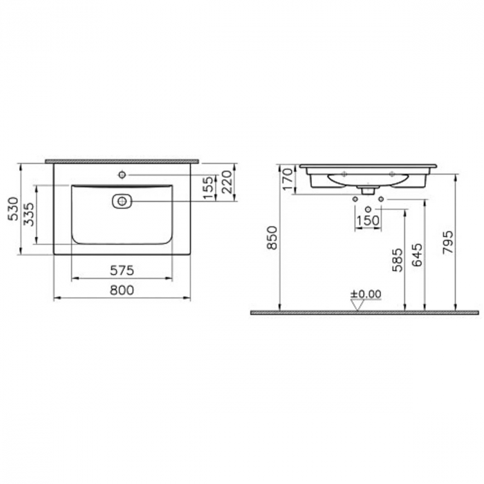 Lavoar / chiuveta baie tip vanity 80cm, cu 3 orificii pentru baterie, cu orificiul preaplin | 7538B003-0033 [2]