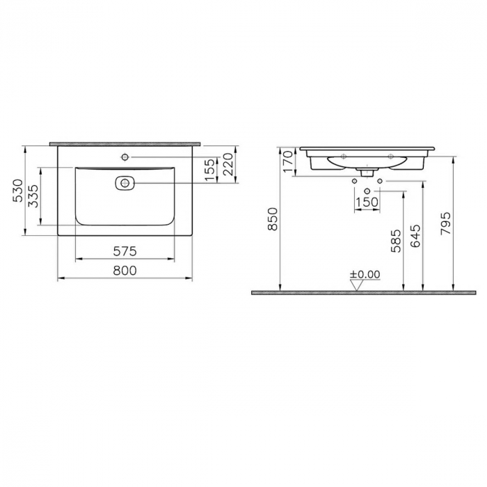 Lavoar / chiuveta baie tip vanity 80cm cu orificiul pentru baterie si preaplin | 7538B001-0001 [2]