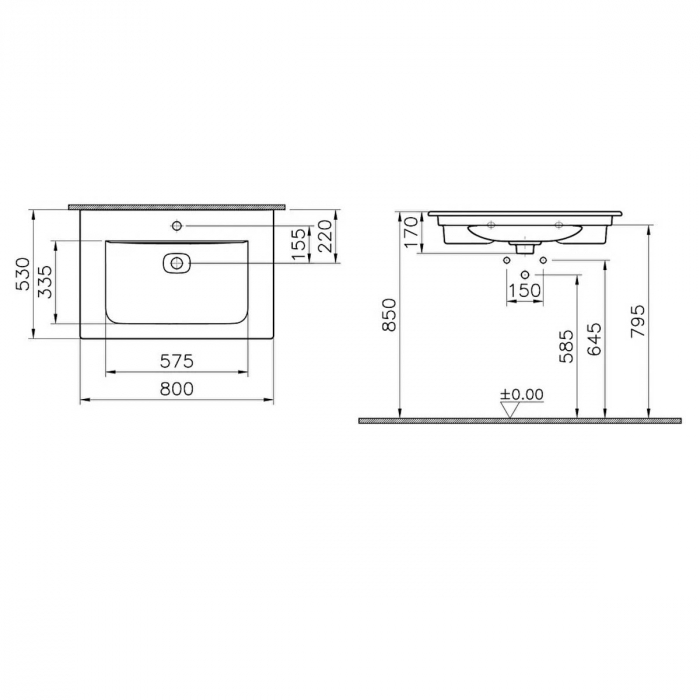 Lavoar / chiuveta baie tip vanity 80cm cu orificiul pentru baterie si preaplin | 7538B076-0001 [2]
