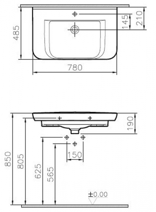 Lavoar / chiuveta baie tip vanity 80cm, cu orificiul pentru baterie si preaplin, alb | 5947B003-0001 [2]
