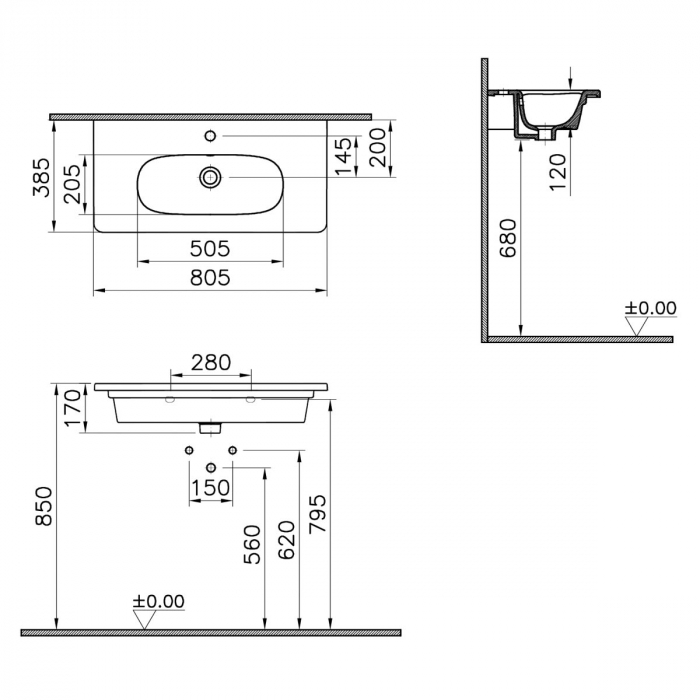 Lavoar / chiuveta baie tip vanity 80cm, proiectie scurta cu orificiul pentru baterie si preaplin | 7792B003-0001 [2]