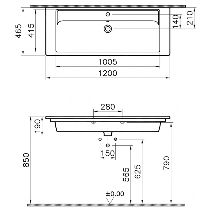 Lavoar / chiuveta baie tip vanity, cu orificiu baterie, orificiu preaplin 120 cm | 7058B003-0001 [2]