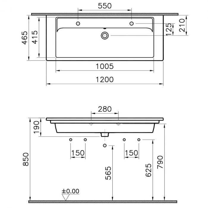 Lavoar / chiuveta baie tip vanity, cu orificiu baterie, orificiu preaplin 120 cm | 7058B003-1474 [2]