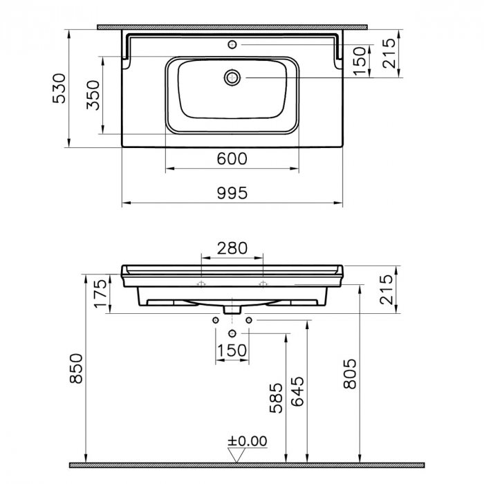 Lavoar / chiuveta baie tip vanity, cu orificiu pentru baterie si preaplin 100cm | 7803B003-0001 [2]