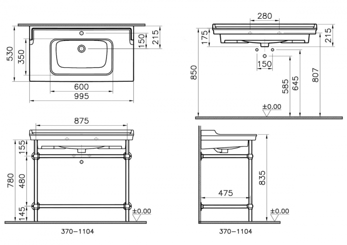 Lavoar / chiuveta baie tip vanity, cu orificiu pentru baterie si preaplin 100cm, cu picioare metalice | 7803B003-6175 [2]