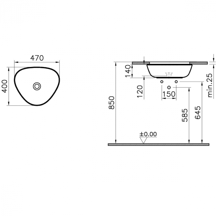 Lavoar / chiuveta baie triunghiulara sub blat, 47cm, fara orificiu baterie, fara orificiul preaplin, alb mat | 7812B401-1083 [2]
