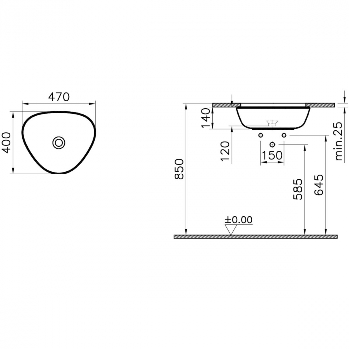 Lavoar / chiuveta baie triunghiulara sub blat, 47cm, fara orificiu baterie, fara orificiul preaplin, verde muschi mat | 7812B475-1083 [2]