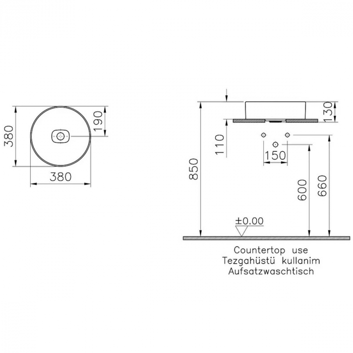 ‎Lavoar / chiuveta rotunda tip bol 38cm fara orificiu baterie, fara orificiul preaplin, pe blat | 7542B020-1398 [2]