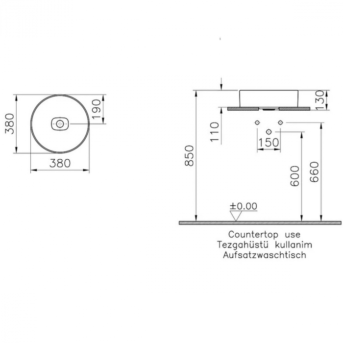‎Lavoar / chiuveta rotunda tip bol 38cm fara orificiu baterie, fara orificiul preaplin, pe blat | 7542B076-1398 [2]
