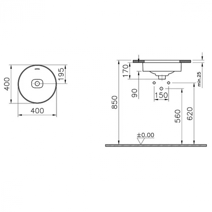 ‎Lavoar / chiuveta rotunda tip bol 40cm fara orificiu baterie, cu orificiul preaplin, sub blat | 7532B076-1082 [2]