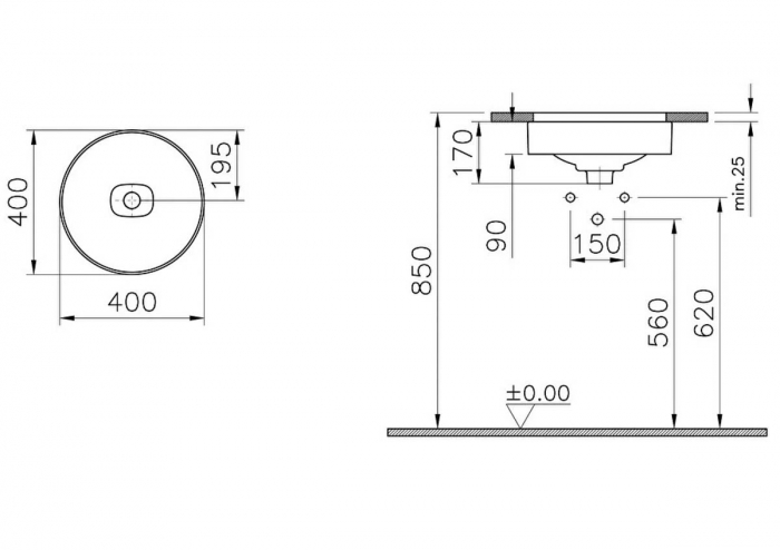 ‎Lavoar / chiuveta rotunda tip bol 40cm fara orificiu baterie, fara orificiul preaplin, sub blat | 7532B076-1083 [2]