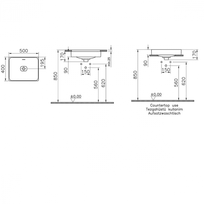 Lavoar dreptunghiular tip bol 50cm x 40cm fara orificiu baterie, cu orificiul preaplin, pe blat | 7534B076-0673 [2]