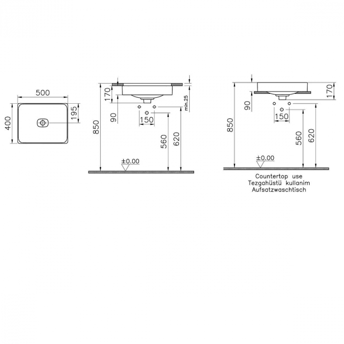 Lavoar dreptunghiular tip bol 50cm x 40cm fara orificiu baterie, fara orificiul preaplin, pe blat | 7534B076-1398 [2]