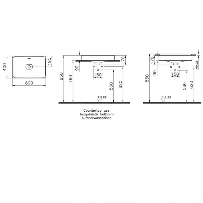 Lavoar dreptunghiular tip bol 60cm x 40cm fara orificiu baterie, cu orificiul preaplin, sub blat | 7535B076-1082 [2]