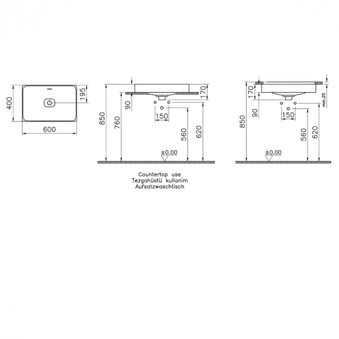 Lavoar dreptunghiular tip bol 60cm x 40cm fara orificiu baterie, fara orificiul preaplin, pe blat | 7535B001-1398 [2]