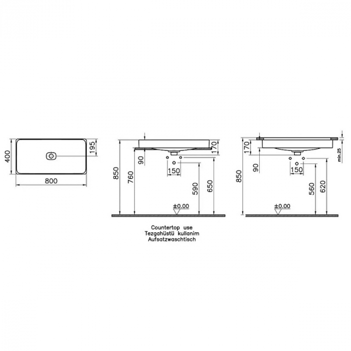 Lavoar dreptunghiular tip bol 80cm x 40cm fara orificiu baterie, fara orificiul preaplin, pe blat | 7536B003-1398 [2]