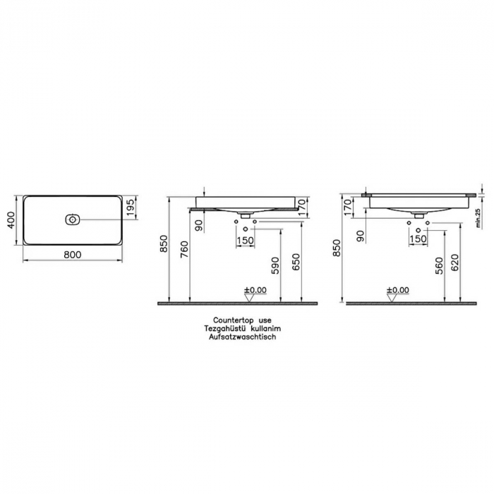 Lavoar dreptunghiular tip bol 80cm x 40cm fara orificiu baterie, fara orificiul preaplin, sub blat | 7536B003-1083 [2]