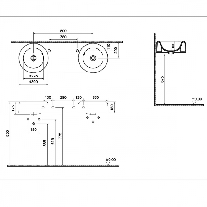 Lavoar dublu / chiuveta baie dubla, cu orificiu pentru baterie, fara orificiul preaplin, 110cm | 7313B403-0041 [2]