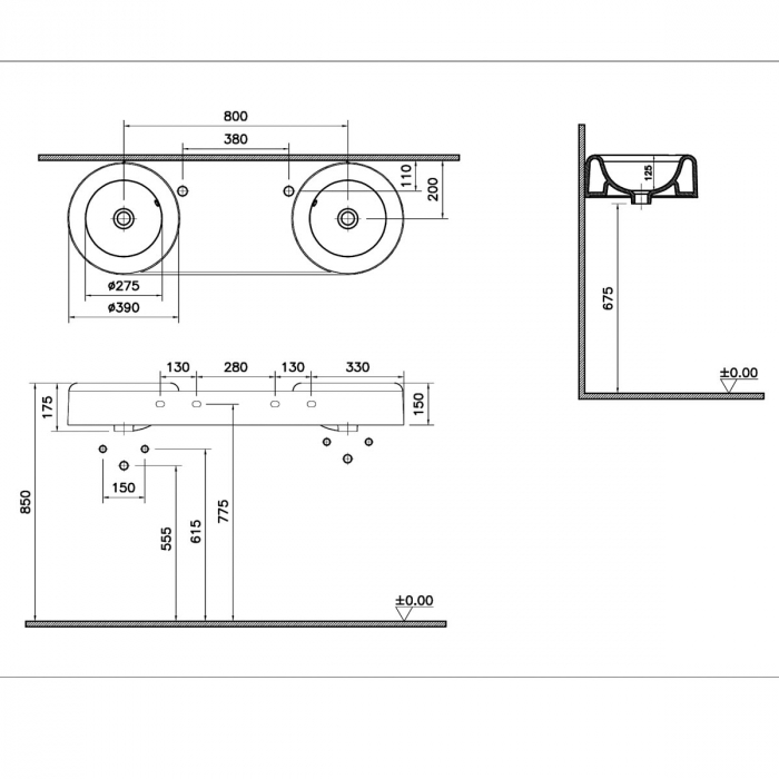 Lavoar dublu / chiuveta baie dubla, cu orificiul pentru baterie si preaplin, 110cm | 7313B403-0001 [2]