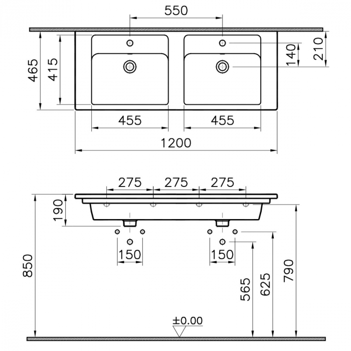 Lavoar dublu / chiuveta baie dubla tip vanity, cu 2 orificii pentru baterie, orificiu preaplin 120 cm | 7038B003-0001 [2]