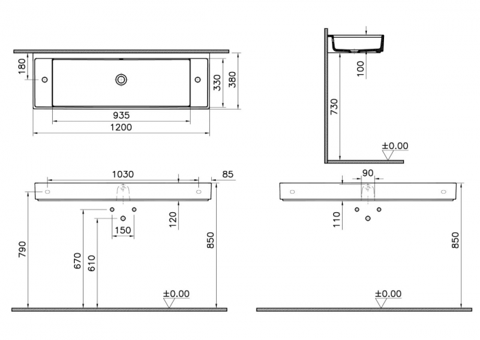 Lavoar mic / chiuveta baie compacta 120cm x 38cm cu 2 orificii pentru baterie pe dreapta si stanga, cu orificiul preaplin | 7410B003-1452 [2]