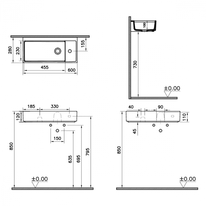 ‎Lavoar mic / chiuveta baie compacta 60cm x 28cm cu orificiu pentru baterie pe dreapta, fara orificiul preaplin | 7406B003-0294 [2]