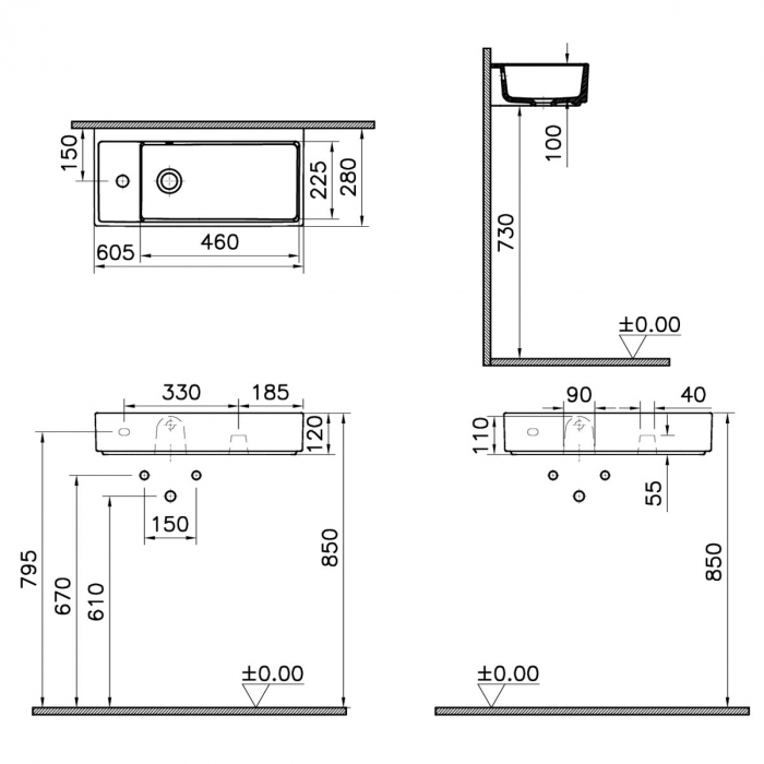 ‎Lavoar mic / chiuveta baie compacta 60cm x 28cm cu orificiu pentru baterie pe stanga, cu orificiul preaplin | 7408B003-0028 [2]