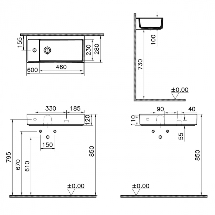‎Lavoar mic / chiuveta baie compacta 60cm x 28cm cu orificiu pentru baterie pe stanga, fara orificiul preaplin | 7408B003-0052 [2]