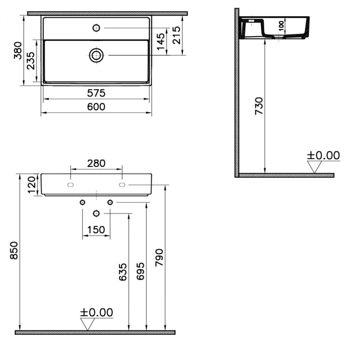 ‎Lavoar mic / chiuveta baie compacta 60cm x 38cm cu orificiu pentru baterie, fara orificiul preaplin | 7401B003-0041 [2]