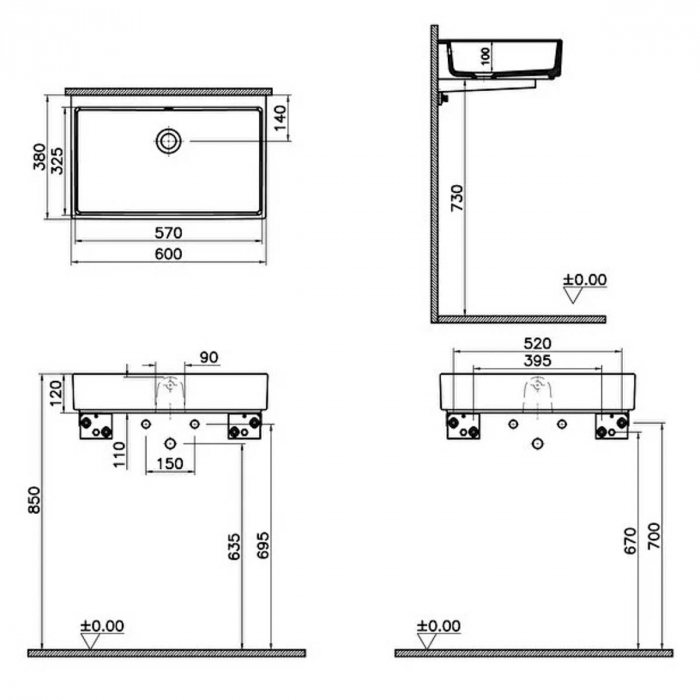 ‎Lavoar mic / chiuveta baie compacta 60cm x 38cm, fara orificiu baterie, cu orificiul preaplin, suitable pentru furniture | 7404B003-1859 [2]