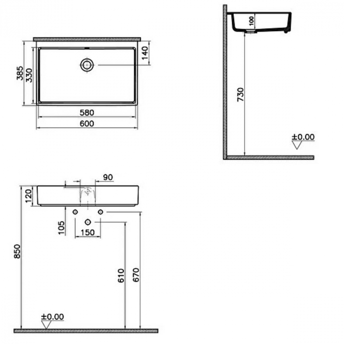 ‎Lavoar mic / chiuveta baie compacta 60cm x 38cm, fara orificiu baterie, fara orificiul preaplin, suitable pentru furniture | 7404B003-1860 [2]