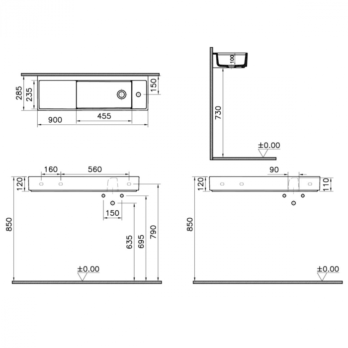 ‎Lavoar mic / chiuveta baie compacta 90cm x 28cm cu orificiu pentru baterie pe dreapta, fara orificiul preaplin | 7407B003-0294 [2]