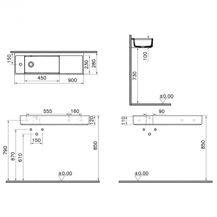 ‎Lavoar mic / chiuveta baie compacta 90cm x 28cm cu orificiu pentru baterie pe stanga, cu orificiul preaplin | 7409B003-0028 [2]