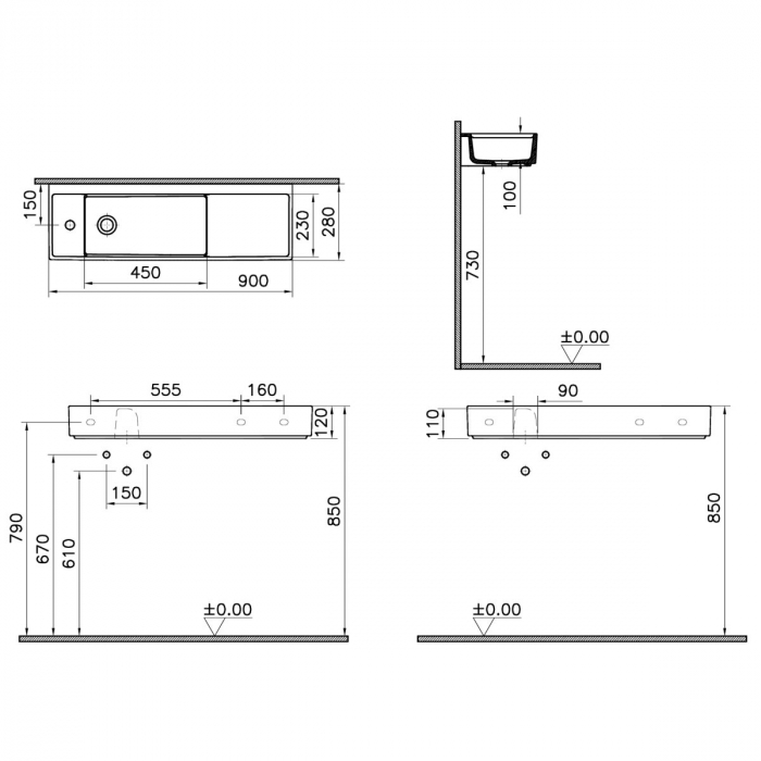 ‎Lavoar mic / chiuveta baie compacta 90cm x 28cm cu orificiu pentru baterie pe stanga, fara orificiul preaplin | 7409B003-0052 [2]