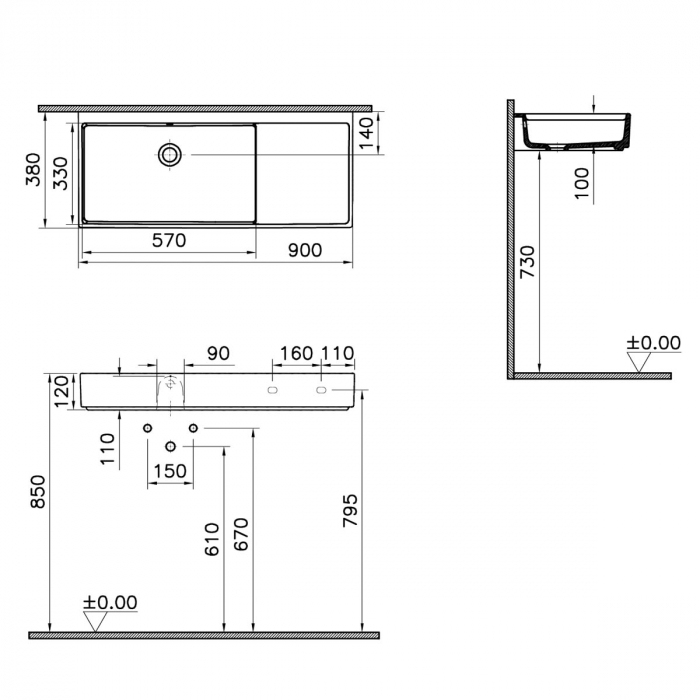 ‎Lavoar mic / chiuveta baie compacta 90cm x 38cm fara orificiu baterie, fara orificiul preaplin, cu picioare metalice | 7405B003-6279 [2]