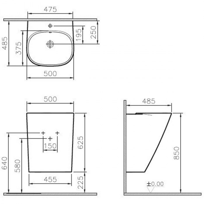 Lavoar monobloc cu semipiedestal 50cm cu orificiul pentru baterie si preaplin, negru, 424216 ventil scurgere si sifon inclus | 5798B470-0001 [2]