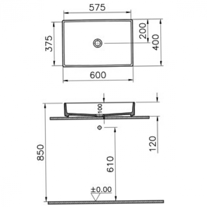 Lavoar tip bol dreptunghiular, 60cm x 38cm, fara orificiu baterie, fara orificiul preaplin | 7441B077-0016 [2]