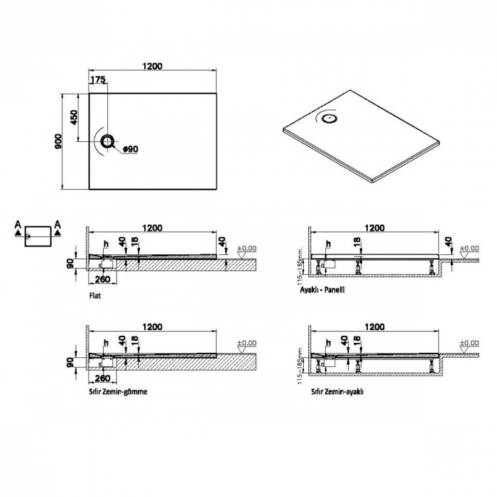 Cadita de dus slim 120x90 rectangulara st alb | 65280001000 [2]