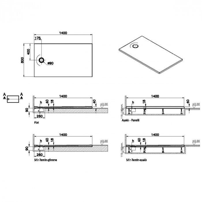 Cadita de dus slim 140x80 rectangulara st alb | 65220001000 [2]