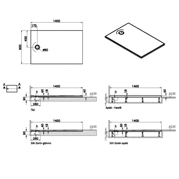 Cadita de dus slim 140x90 rectangulara st alb | 65290001000 [2]
