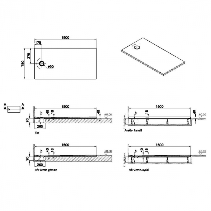 Cadita de dus slim 150x75 rectangulara texturata antracit | 65180001868 [2]