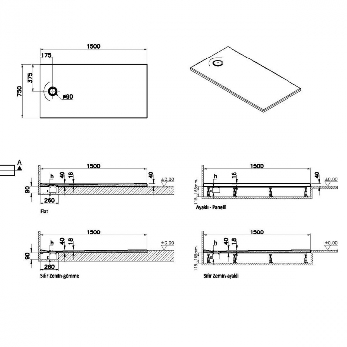 Cadita de dus slim 150x75 rectangulara st alb | 65180001000 [2]