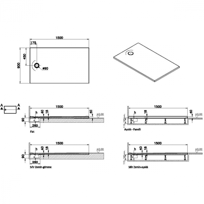 Cadita de dus slim 150x90 rectangulara st alb | 65300001000 [2]