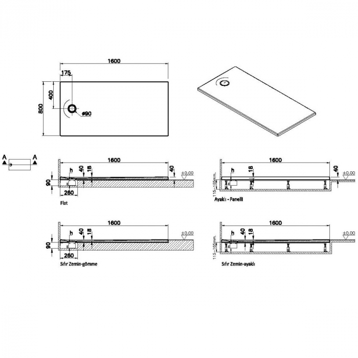 Cadita de dus slim 160x80 rectangulara texturata antracit | 65240001868 [2]