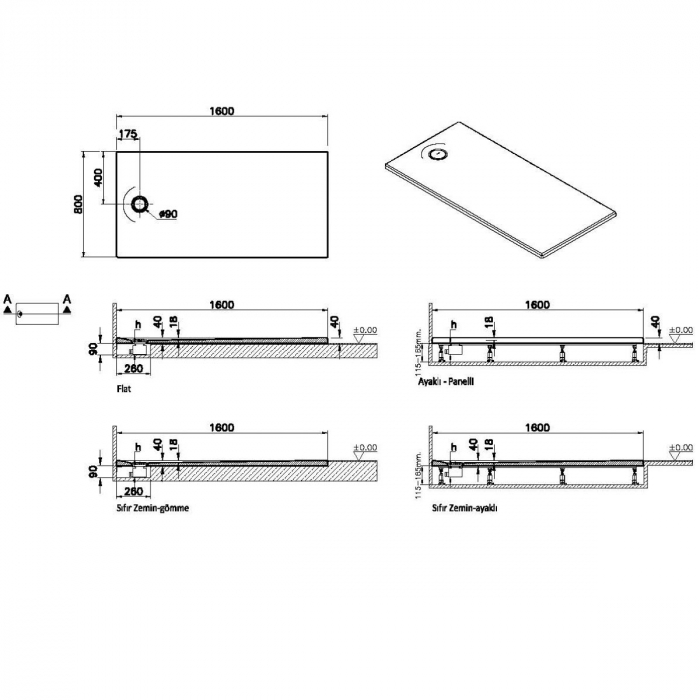 Cadita de dus slim 160x80 rectangulara texturata gri | 65240001867 [2]