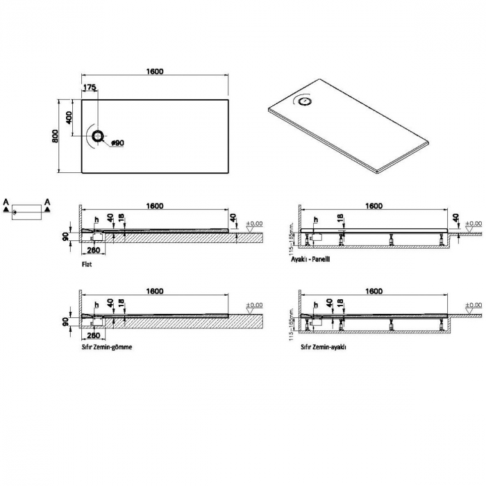 Cadita de dus slim 160x80 rectangulara texturata alb | 65240001800 [2]