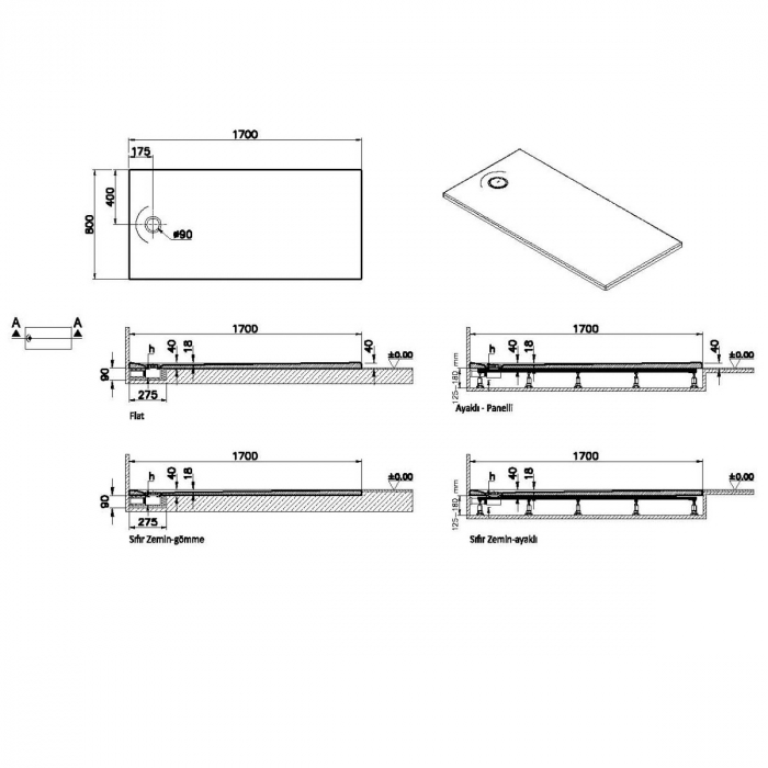 Cadita de dus slim 170x80 rectangulara texturata antracit | 65250001868 [2]