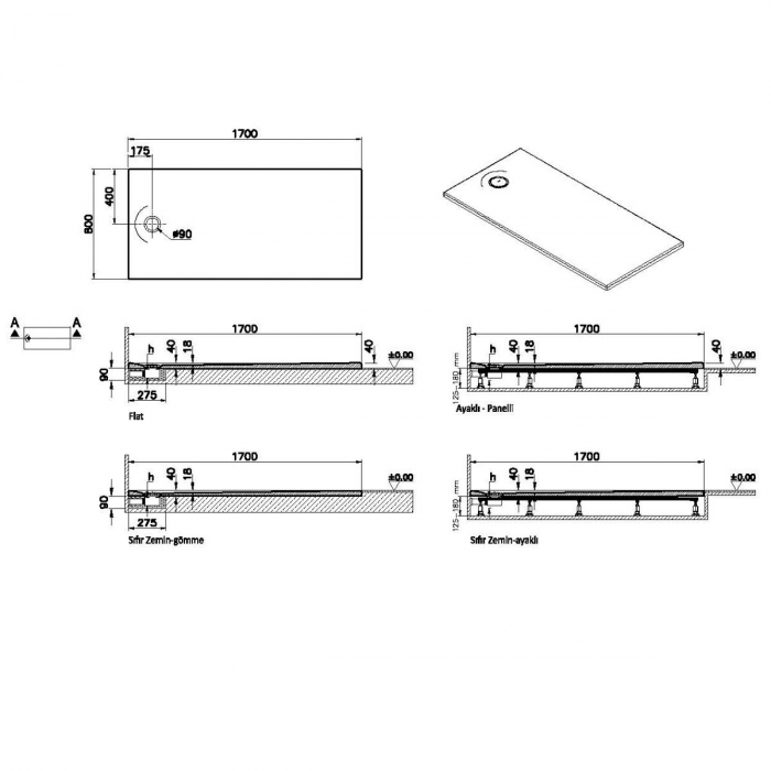 Cadita de dus slim 170x80 rectangulara texturata gri | 65250001867 [2]