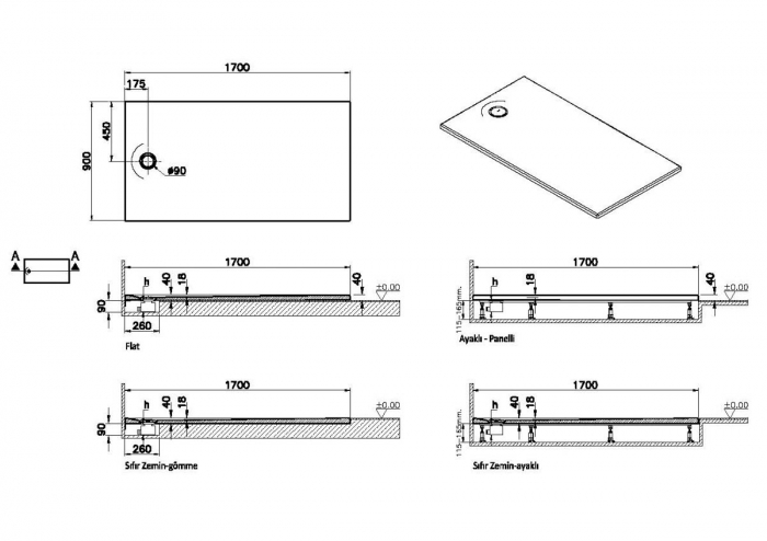 Cadita de dus slim 170x90 rectangulara texturata gri | 65320001867 [2]