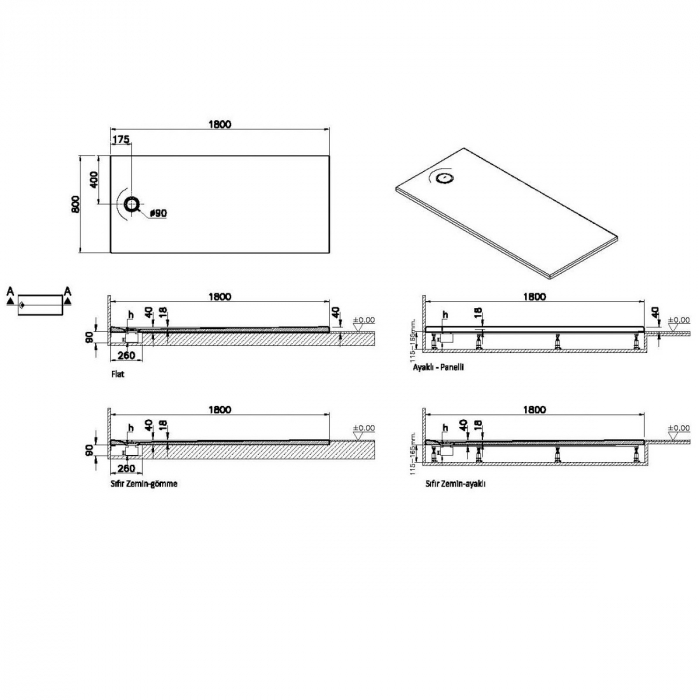 Cadita de dus slim 180x80 rectangulara texturata antracit | 65260001868 [2]